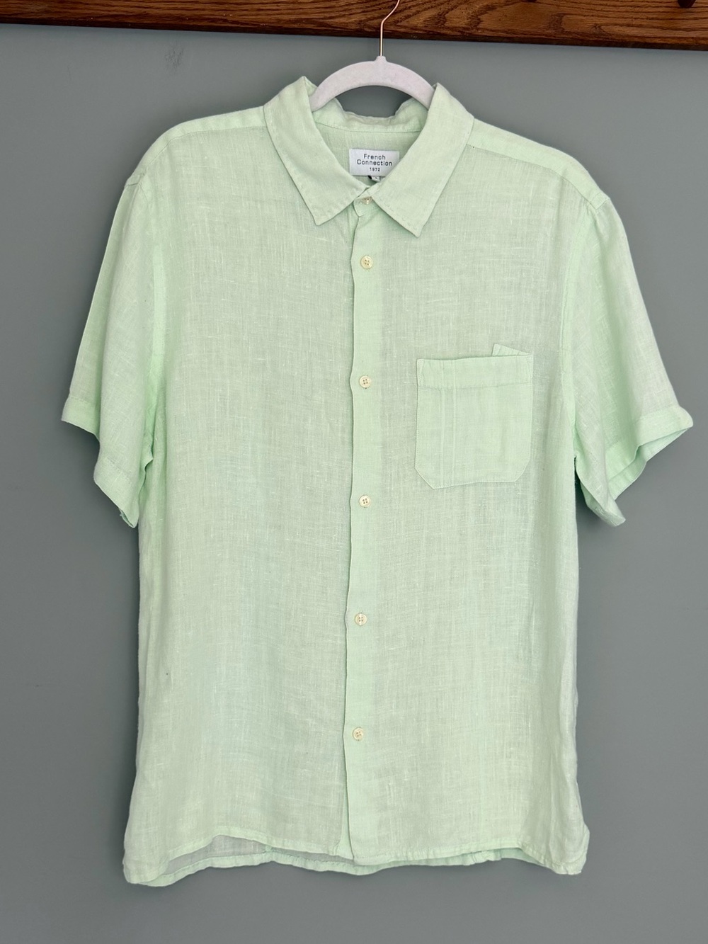 French Connection 100% Linen Lime Mint Green Short Sleeve Button Down Shirt